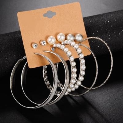 6 Pairs Hoop Pearl Earrings Set - Image 3