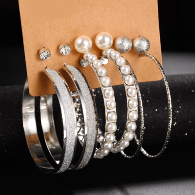 6 Pairs Hoop Pearl Earrings Set - Image 6