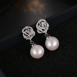 Zircon Rose Pearl Earrings