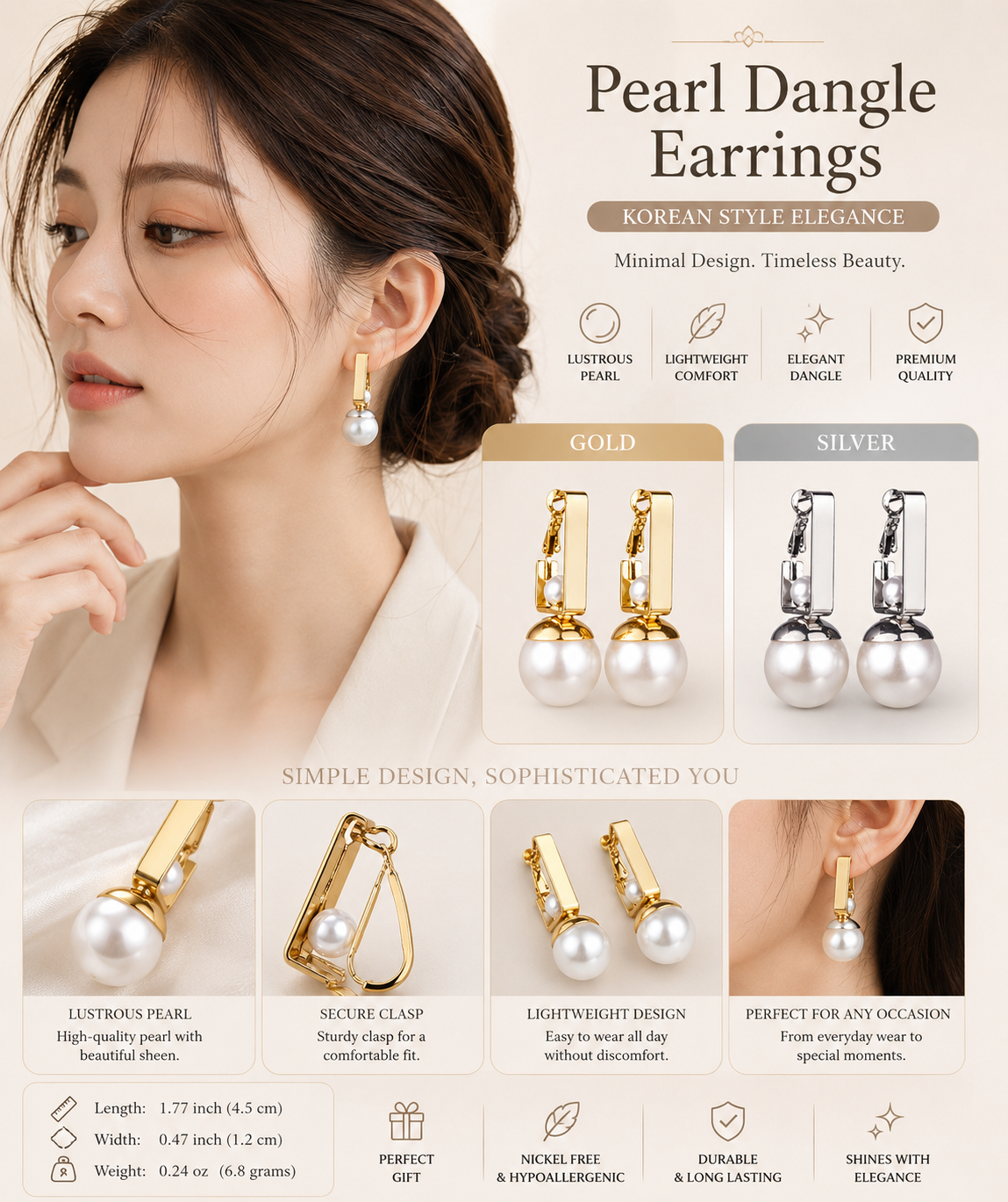 Pearl Dangle Earrings Silver and Gold Model