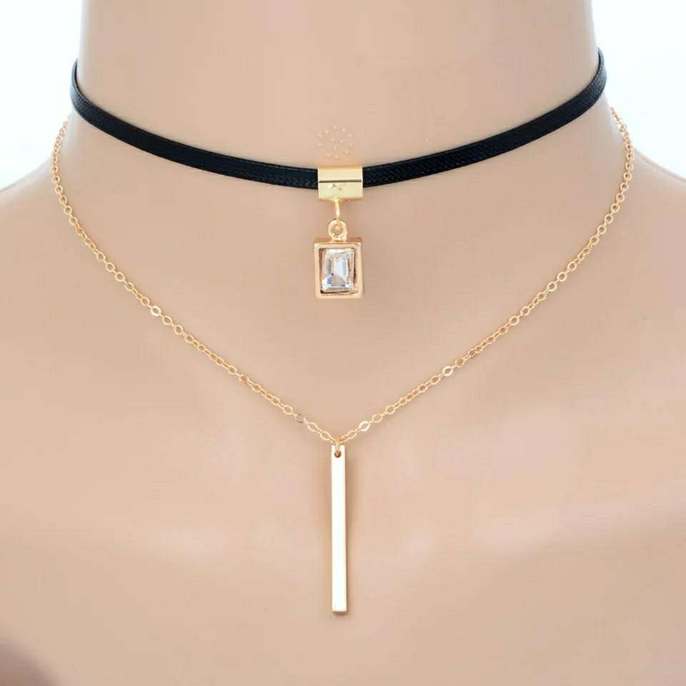 Bar Square Crystal Multi Layer Choker