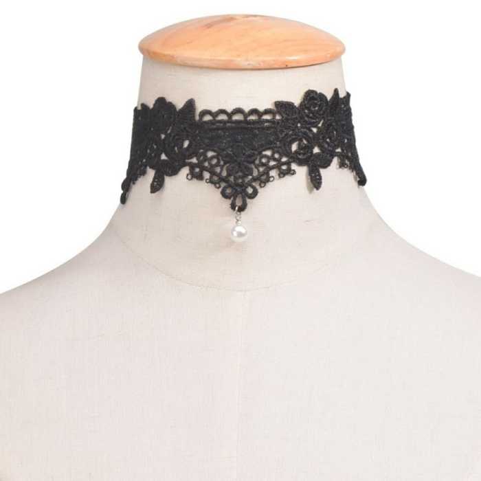Black Lace Choker With Pearl